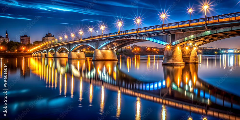 Fototapeta premium A tranquil bridge illuminated by city lights at night , bridge, night, city lights, urban, reflection, architecture