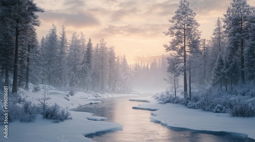 A peaceful frozen river winding through a snow-covered forest, with tall trees standing silently in the cold winter air.