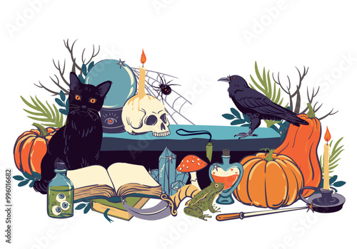 Composition with magic items, witchcraft goods, grimoire, potion, elixir, skull, magic ball and candlestick, pumpkin. Familiars for the sorcerer cat, frog, raven. Vector illustration for Halloween.