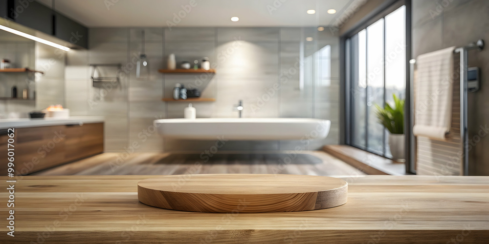 Empty wooden podium on table over blurred bathroom background for product placement , wooden podium, table Empty wooden podium on table over blurred bathroom background for product placement , wooden podium, table