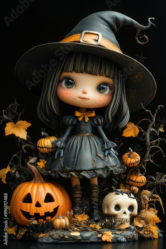 Adorable Halloween Witch Figures with Pumpkins and Skulls - Festive Fantasy Collection