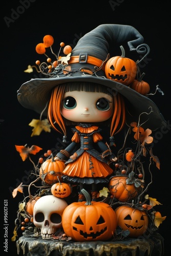 Adorable Halloween Witch Figures with Pumpkins and Skulls - Festive Fantasy Collection