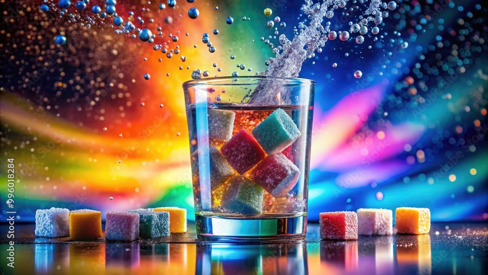 Sugar dissolves in water, forming a sweet solution full of bubbles and ripples, creating an aesthetically pleasing display in a clear glass. Sugar dissolves in water, forming a sweet solution full of bubbles and ripples, creating an aesthetically pleasing display in a clear glass.
