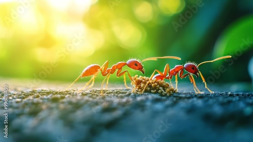 Ant action standing.Ant bridge unity team,Concept team work together Red ant,Weaver Ants (Oecophylla smaragdina), Action of ant carry food photo