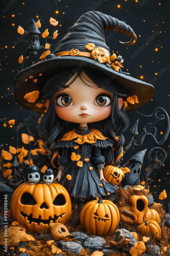 Adorable Halloween Witch Figures with Pumpkins and Skulls - Festive Fantasy Collection Adorable Halloween Witch Figures with Pumpkins and Skulls - Festive Fantasy Collection