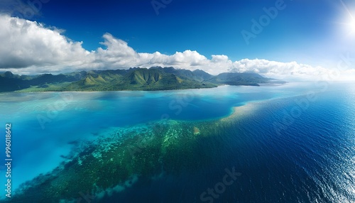 Photo of underwater ocean, mountains and clouds in summer day photo