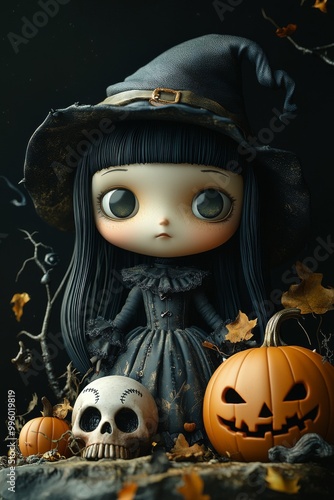 Adorable Halloween Witch Figures with Pumpkins and Skulls - Festive Fantasy Collection