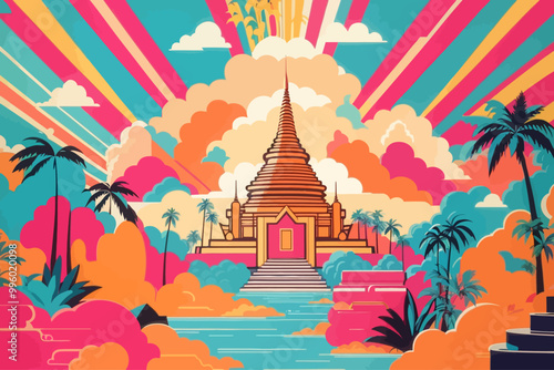 simple cartoon 80s seamless Thailand vibe pop art deco illustration