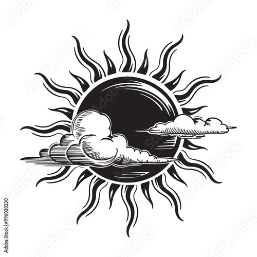 Sun and clouds. Hand drawn vector illustration in vintage engraved style.
