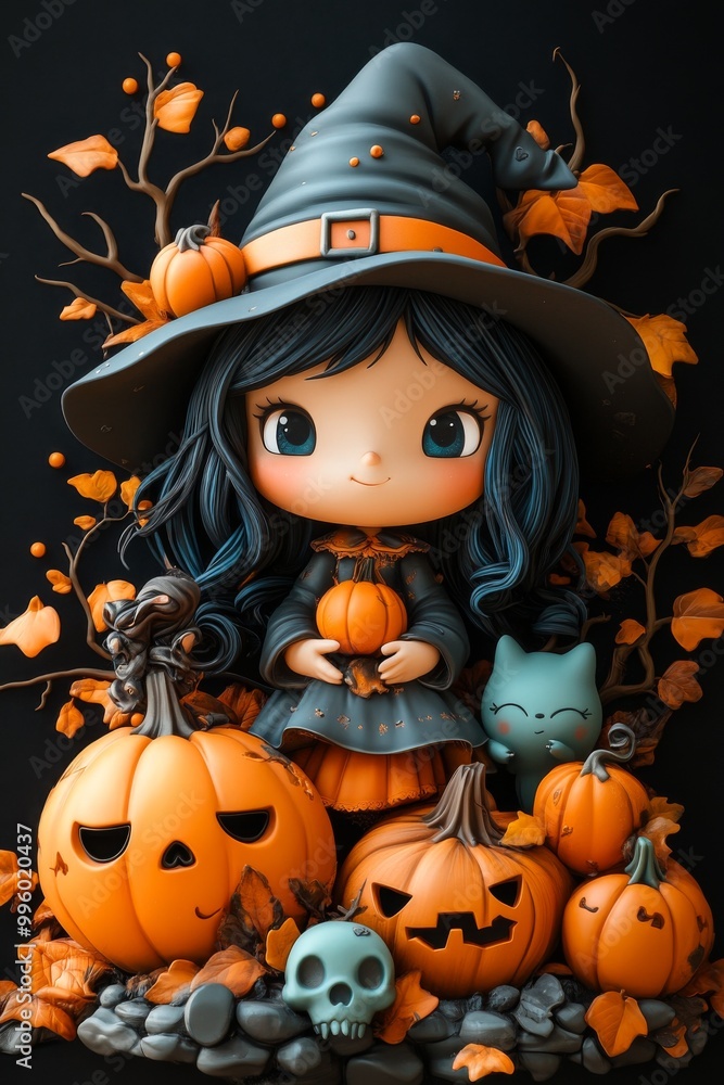 Adorable Halloween Witch Figures with Pumpkins and Skulls - Festive Fantasy Collection Adorable Halloween Witch Figures with Pumpkins and Skulls - Festive Fantasy Collection