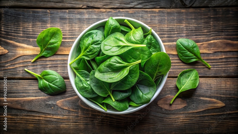 Fresh baby spinach leaves are presented in a bowl, sitting on a rustic wooden table, showcasing their vibrant green color Fresh baby spinach leaves are presented in a bowl, sitting on a rustic wooden table, showcasing their vibrant green color