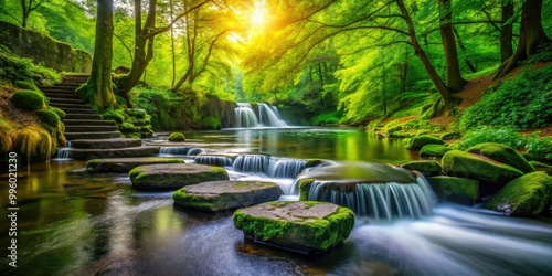 Peaceful stepping stones cross a gentle waterfall, set amidst a vibrant green forest, creating a serene landscape that invites tranquility and contemplation in nature.