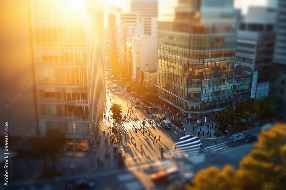 A busy city street with people walking and cars driving A busy city street with people walking and cars driving