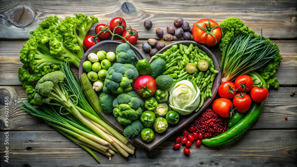 Fresh and healthy heart-shaped vegetables including tomatoes, garlic, spinach, broccoli, kale, lettuce Fresh and healthy heart-shaped vegetables including tomatoes, garlic, spinach, broccoli, kale, lettuce