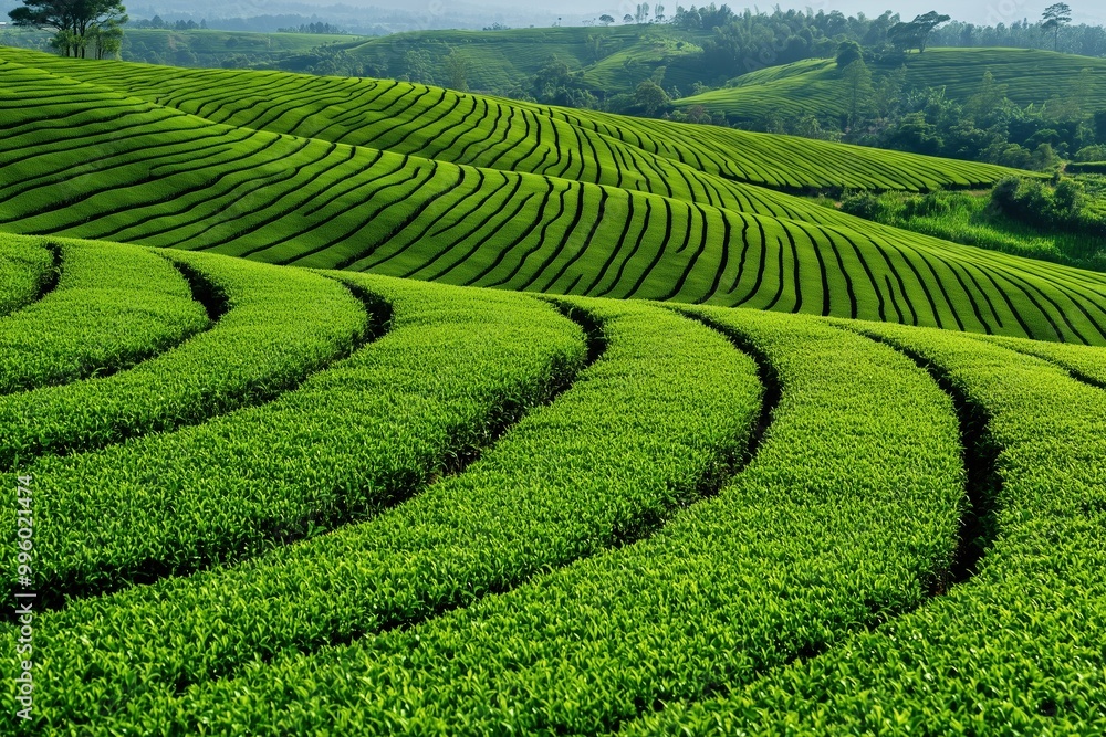 A lush green field with rows of plants A lush green field with rows of plants