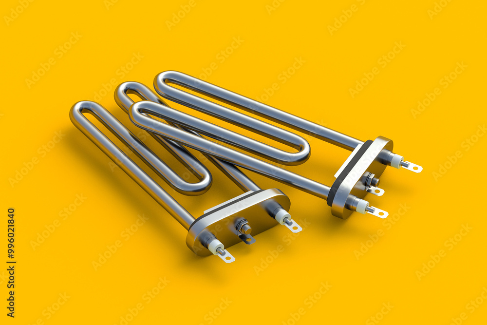 Heap of tubular electric heating elements on orange background. New spare part. 3d render Heap of tubular electric heating elements on orange background. New spare part. 3d render