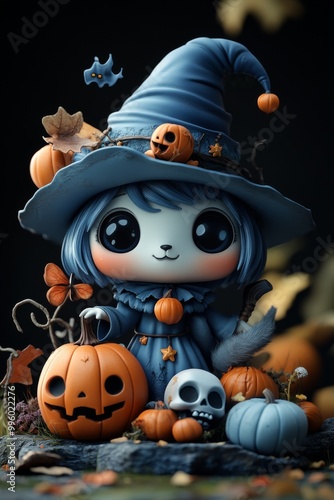 Adorable Halloween Witch Figures with Pumpkins and Skulls - Festive Fantasy Collection