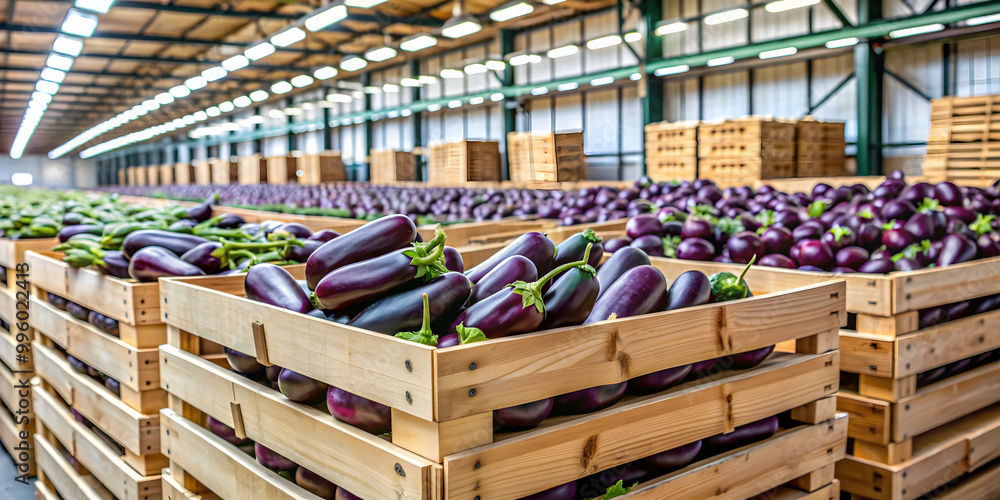 Eggplants harvested in wooden boxes in a warehouse Eggplants harvested in wooden boxes in a warehouse