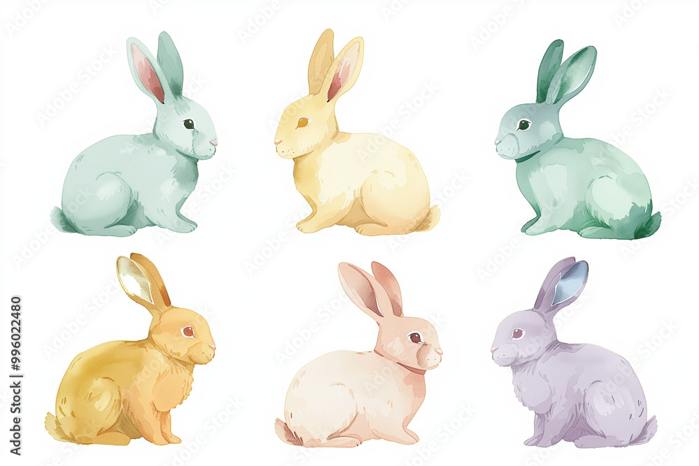 Set of six rabbits in soft pastel colors Set of six rabbits in soft pastel colors