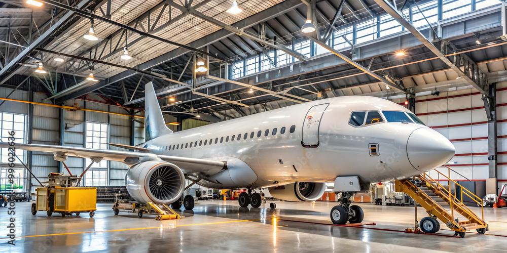 Passenger aircraft being repaired and maintained in an airport hangar, aircraft, passenger, maintenance, engine Passenger aircraft being repaired and maintained in an airport hangar, aircraft, passenger, maintenance, engine