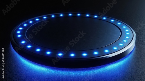 A round black podium with a ring of blue LED lights.