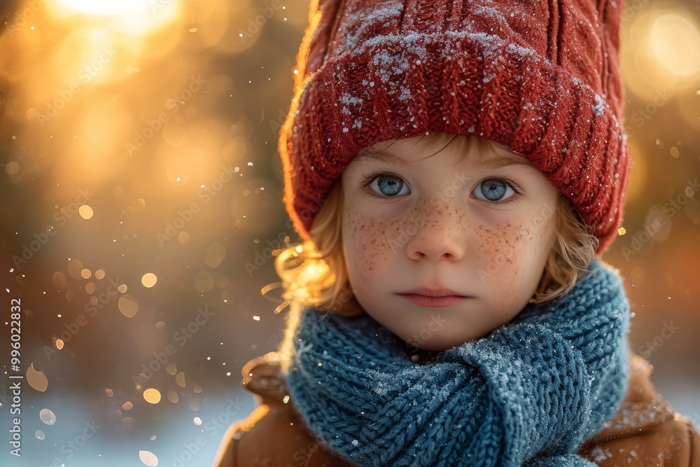 Young boy winter portrait with bright eyes, wearing red hat and blue scarf, stands in snowy winter landscape, evoking innocence and joy in cold season Young boy winter portrait with bright eyes, wearing red hat and blue scarf, stands in snowy winter landscape, evoking innocence and joy in cold season