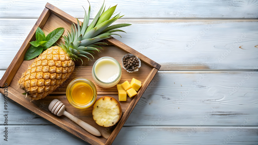 Natural skincare products with honey and pineapple on wooden tray , skincare, natural, organic, honey, pineapple, wooden tray Natural skincare products with honey and pineapple on wooden tray , skincare, natural, organic, honey, pineapple, wooden tray