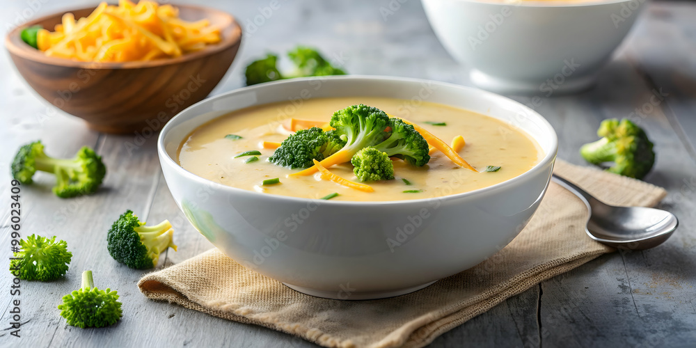 Creamy broccoli and cheddar cheese soup in a white bowl, broccoli, cheddar, cheese, soup, creamy, comfort food, warm, cozy Creamy broccoli and cheddar cheese soup in a white bowl, broccoli, cheddar, cheese, soup, creamy, comfort food, warm, cozy