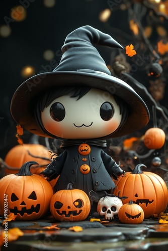 Adorable Halloween Witch Figures with Pumpkins and Skulls - Festive Fantasy Collection