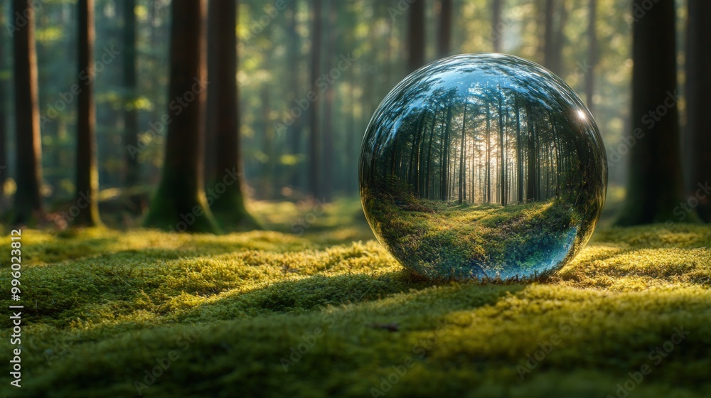 A glass orb reflects a forest scene, creating a surreal and abstract image. A glass orb reflects a forest scene, creating a surreal and abstract image.