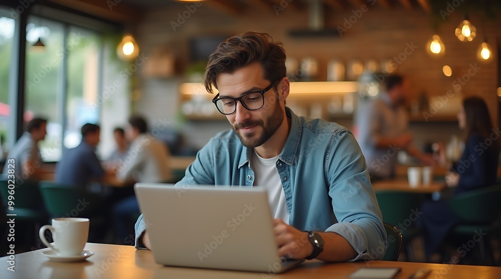 man working on laptop in cafe man working on laptop in cafe