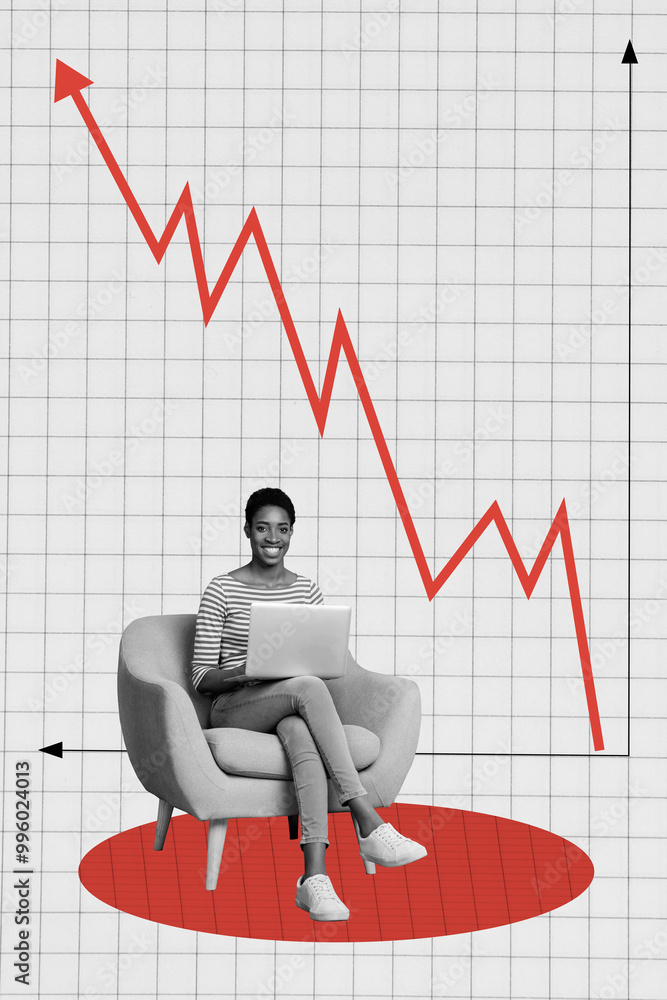 Collage template of happy woman work nice result promotion huge arrow grow up show direction isolated on drawing background Collage template of happy woman work nice result promotion huge arrow grow up show direction isolated on drawing background