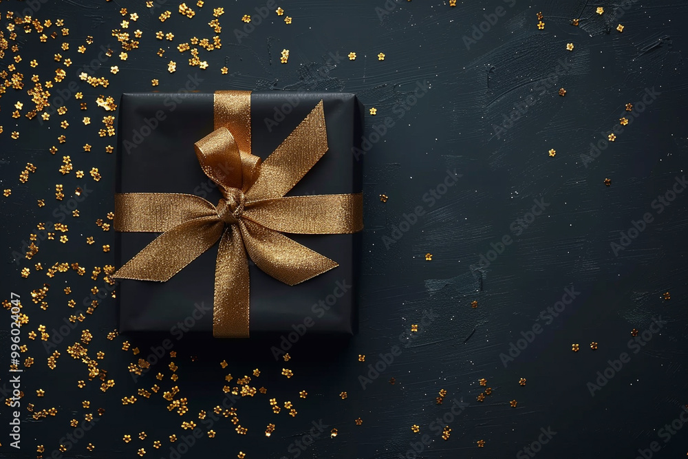 Flat lay gift box with golden ribbon with ribbons, sparkles and confetti. Top view New Year Christmas Valentine Day, holidays greeting card, banner copy space. Mocha Mousse color of year 2025 Flat lay gift box with golden ribbon with ribbons, sparkles and confetti. Top view New Year Christmas Valentine Day, holidays greeting card, banner copy space. Mocha Mousse color of year 2025