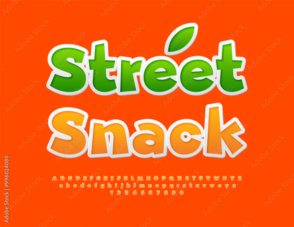 Naklejka premium Vector bright poster Street Snack. Orange Funny Font. Cartoon style Alphabet Letters and Numbers set.