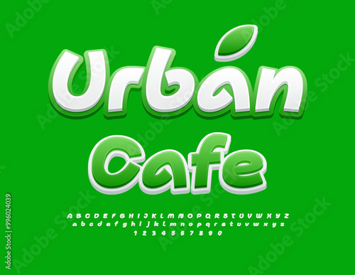 Vector eco template Urban Cafe with decorative Leaf. Funny handwritten Font. Bright Alphabet Letters and Numbers set.