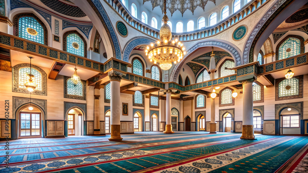 Obraz premium Interior of a mosque with beautiful Islamic architecture and intricate designs, mosque, interior, Islamic, architecture