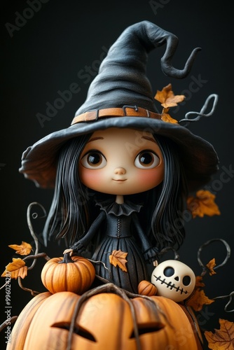 Adorable Halloween Witch Figures with Pumpkins and Skulls - Festive Fantasy Collection