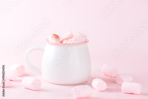 Chocolate drink with marshmallows on a pink background. Vegan, sugar and lactose free.