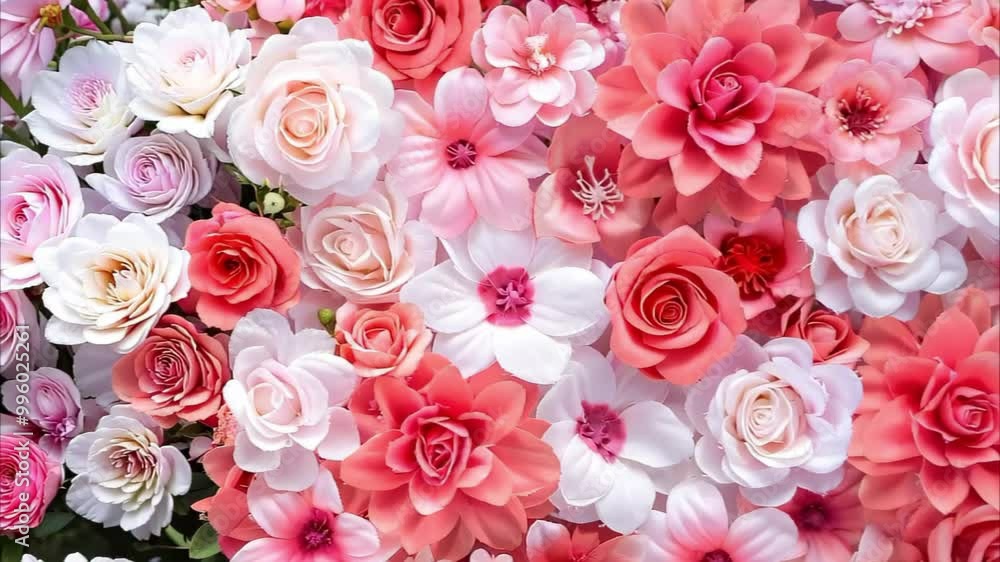 A variety of colorful artificial flowers in shades of pink, red, and white, creating a vibrant floral arrangement. A variety of colorful artificial flowers in shades of pink, red, and white, creating a vibrant floral arrangement.