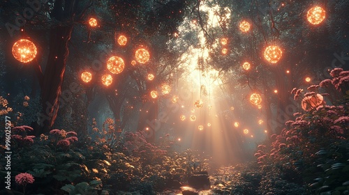 Mystical Forest Path with Glowing Orbs and Flowers