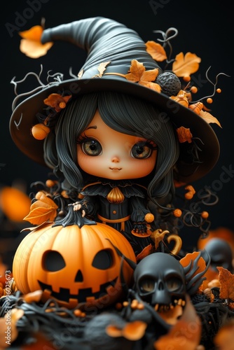 Adorable Halloween Witch Figures with Pumpkins and Skulls - Festive Fantasy Collection