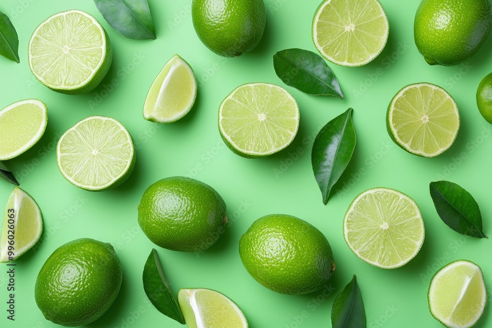 Fresh green limes overhead view - flat lay wit geneative ai Fresh green limes overhead view - flat lay wit geneative ai