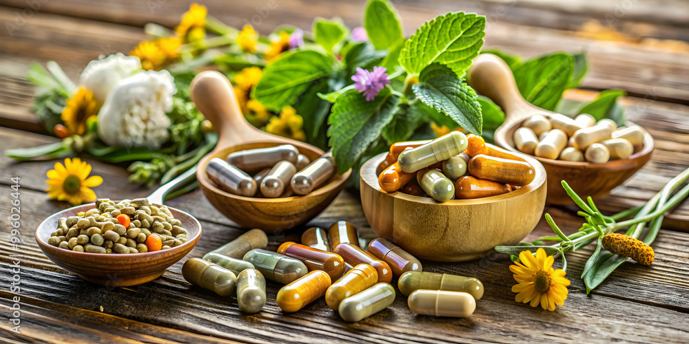 Natural health supplements on a wooden table promoting wellness, wellness, natural, health, supplements Natural health supplements on a wooden table promoting wellness, wellness, natural, health, supplements