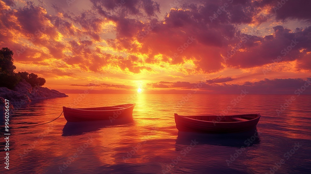 Two Boats Anchored in a Calm Ocean at Sunset Two Boats Anchored in a Calm Ocean at Sunset