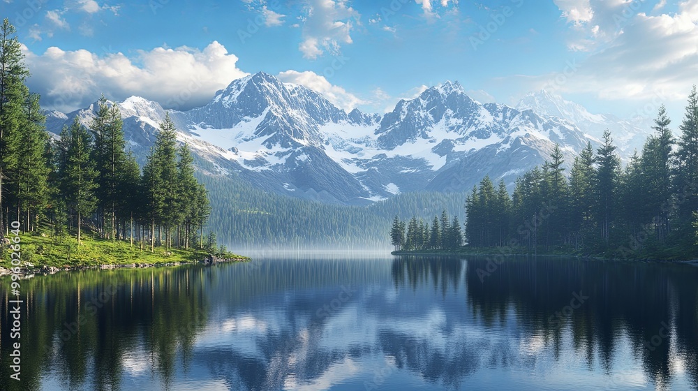 Tranquil Mountain Lake with Snow-capped Peaks and Evergreen Forest Tranquil Mountain Lake with Snow-capped Peaks and Evergreen Forest