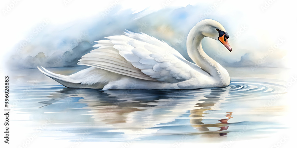 Obraz premium Watercolor of elegant swan floating on water against white background, swan, watercolor,beautiful, bird, wildlife