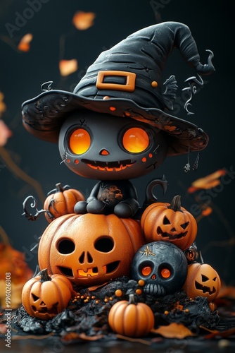 Adorable Halloween Witch Figures with Pumpkins and Skulls - Festive Fantasy Collection