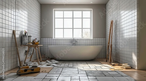 Bathroom Under Renovation with Tub and Tools photo