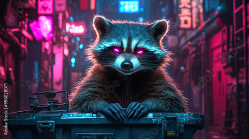 Raccoon With Glowing Pink Eyes In A Cyberpunk Alleyway Sci-Fi Urban Scene photo