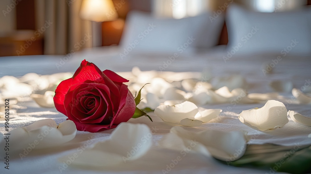 Fototapeta premium A single red rose lies on a bed of white rose petals. The image is perfect for